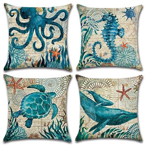 Housse de coussin Baleine océan coton 4 pièces 45x45 cm