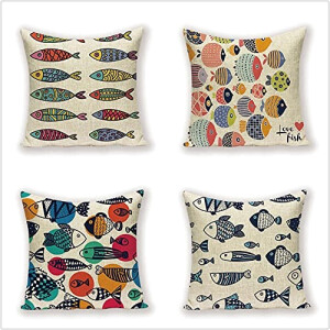Housse de coussin Poisson multicolore coton 4 pièces 40x40 cm